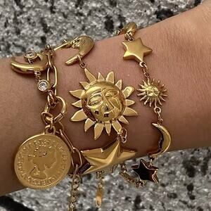 Gold Moon Star Sun Two Piece Chain Bracelet Set